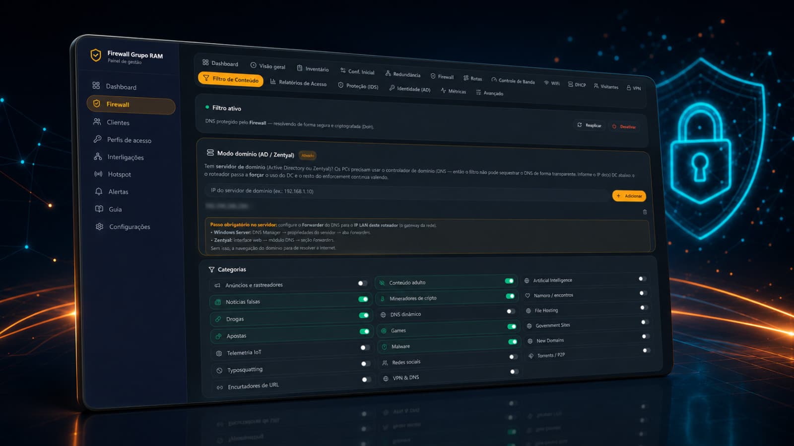 Configuração de filtro de conteúdo do firewall com categorias de bloqueio por domínio